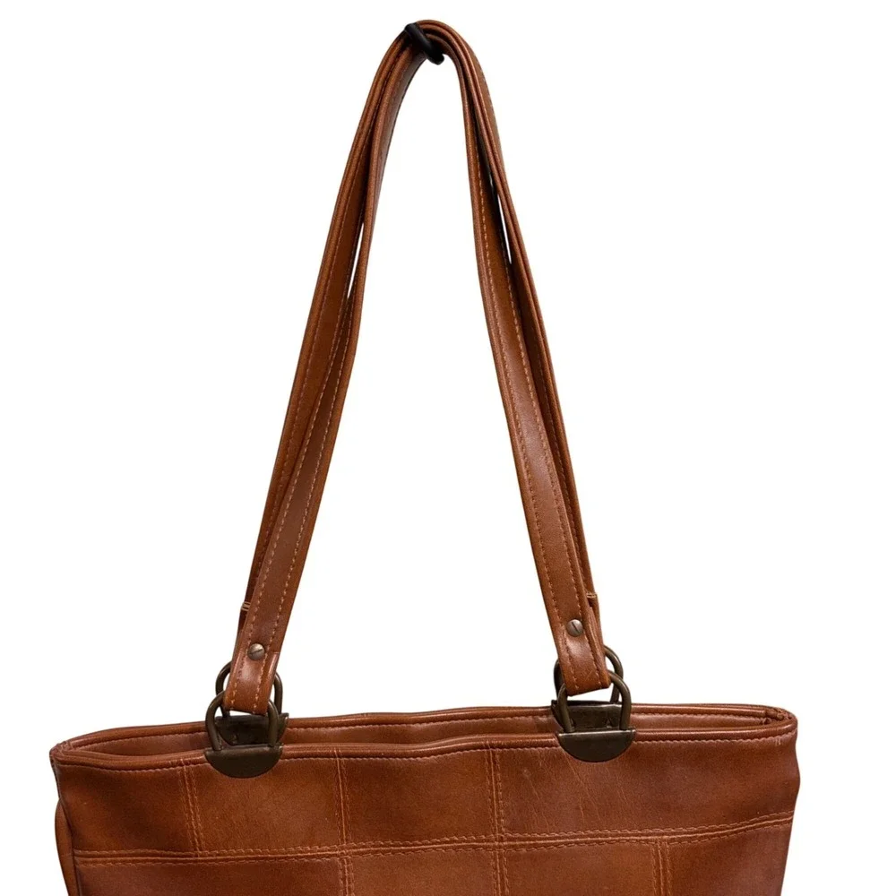 Vintage Patchwork Vegan Leather‎ Tote Purse Bag Tan Retro Minimalist Boho